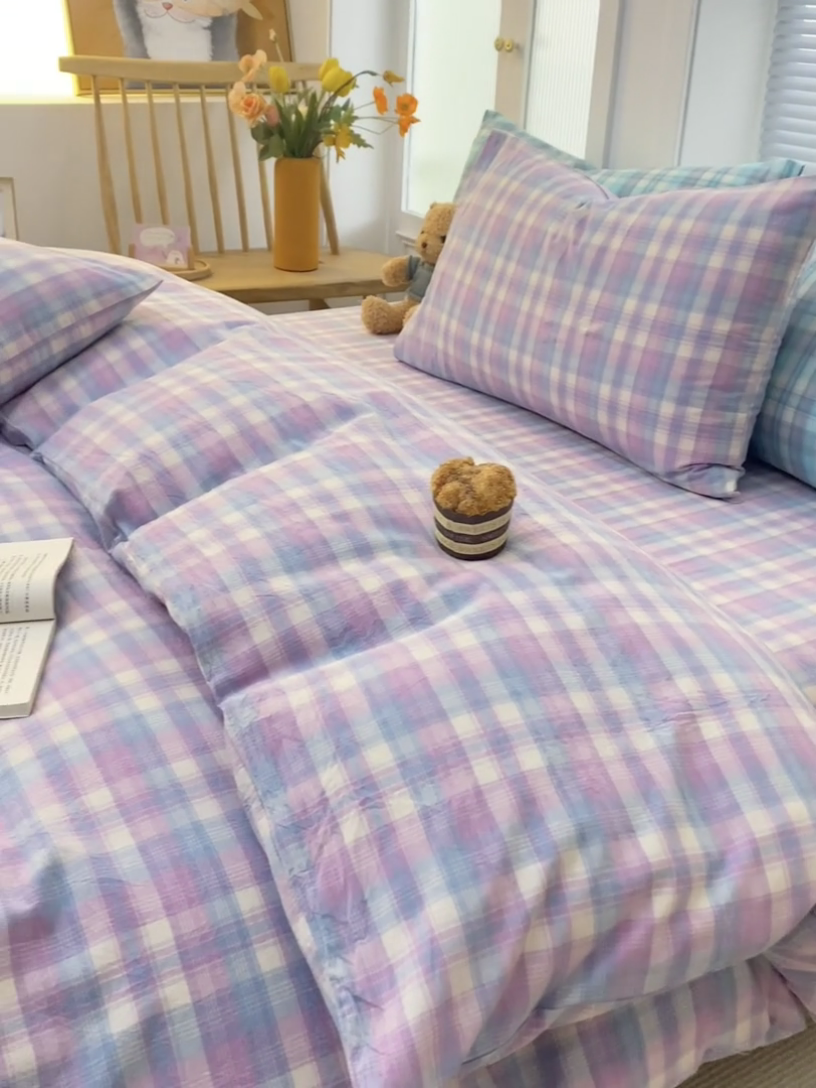 91家纺网 家纺一手货源 找家纺 柠萌家居 2024新款A类全棉色织水洗棉无印风四件套 简爱紫格