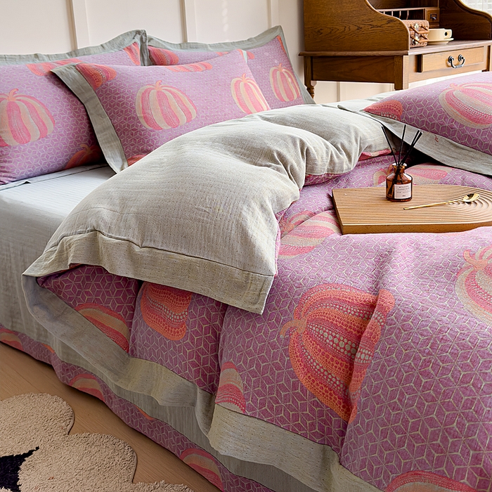 91家纺网 家纺一手货源 找家纺 小欢喜 2024新款全棉A类色织双层纱大提花四件套-宽边款 波点南瓜-紫