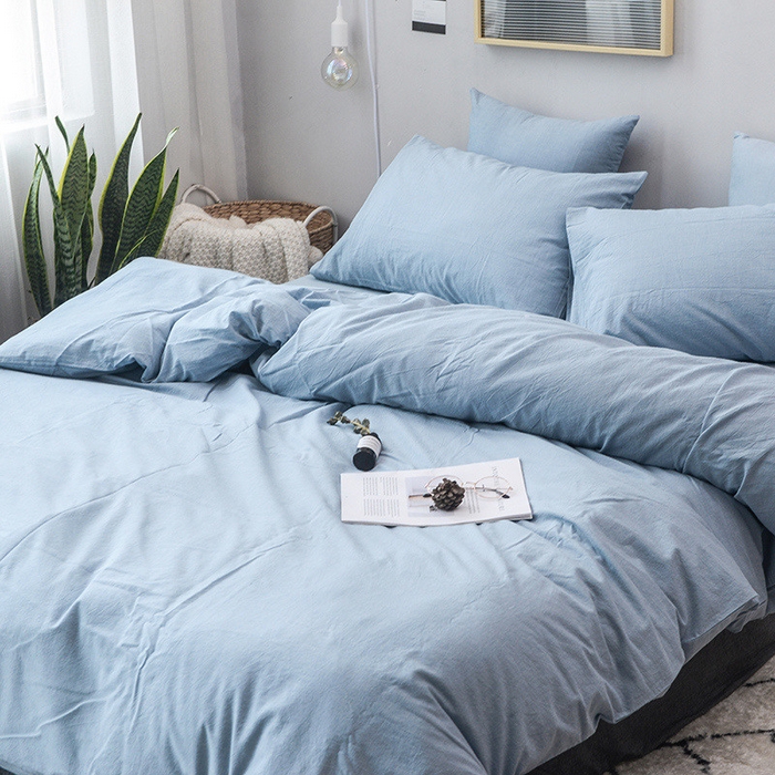 91家纺网 家纺一手货源 找家纺 柠萌家居 2024新款A类全棉色织水洗棉无印风四件套 浅水蓝