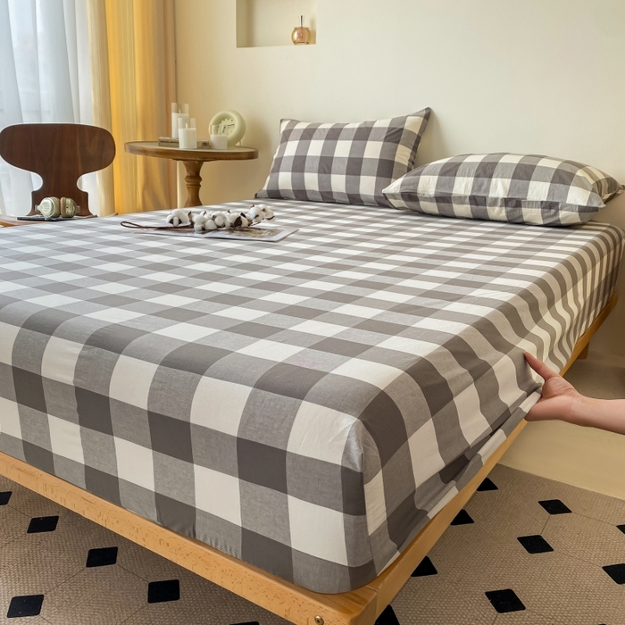 91家纺网 家纺一手货源 找家纺 寐眠 2024新款全棉水洗棉床单床笠单品-单床笠 灰中格