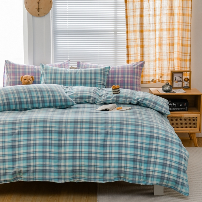 91家纺网 家纺一手货源 找家纺 柠萌家居 2024新款A类全棉色织水洗棉无印风四件套 简爱绿格