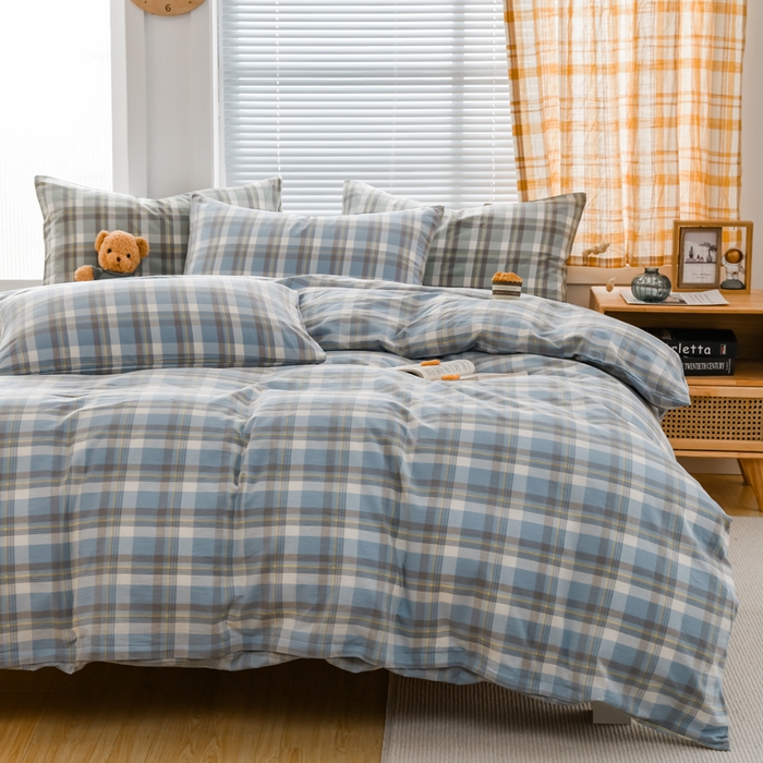 91家纺网 家纺一手货源 找家纺 柠萌家居 2024新款A类全棉色织水洗棉无印风四件套 遇见兰格