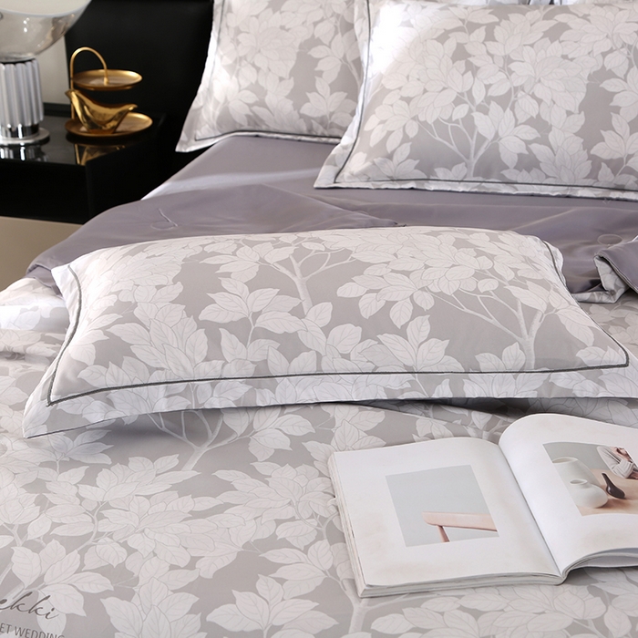 91家纺网 家纺一手货源 找家纺 梦莱斯 2024新款拼角宽边水洗天丝夏被四件套 清竹灰