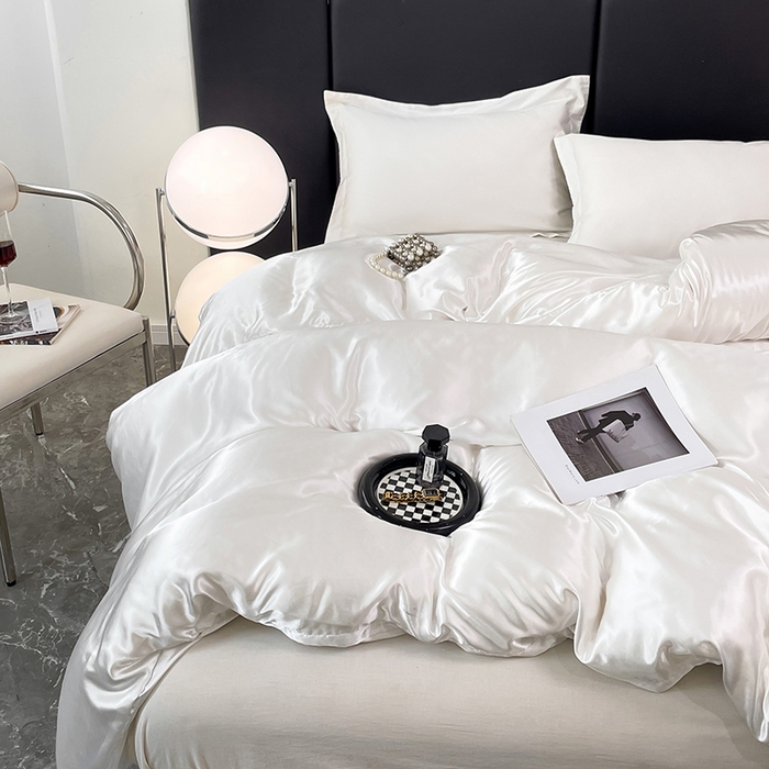 91家纺网 家纺一手货源 找家纺 梦舒羽 2025新款可水洗冰丝被套双人床被套带同款床单床笠四件套 光洁白