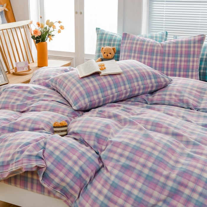 91家纺网 家纺一手货源 找家纺 柠萌家居 2024新款A类全棉色织水洗棉无印风四件套 简爱紫格