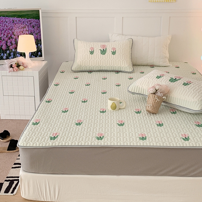 91家纺网 家纺一手货源 找家纺 昔可家纺 2024新款床笠款乳胶席 淡绿底郁金香