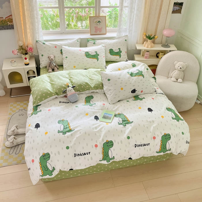 91家纺网 家纺一手货源 找家纺 芊寻家居 2024新款全棉13372花卉系列四件套 恐龙点点