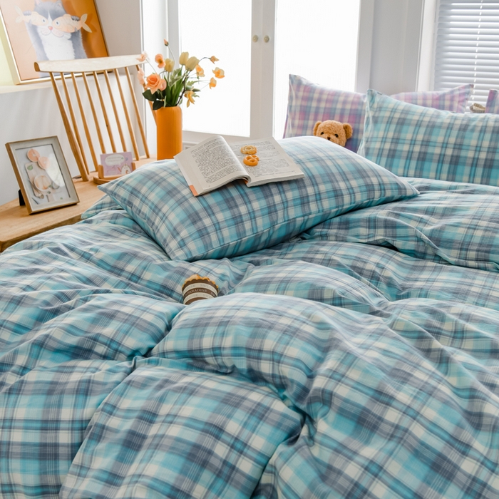 91家纺网 家纺一手货源 找家纺 柠萌家居 2024新款A类全棉色织水洗棉无印风四件套 简爱绿格