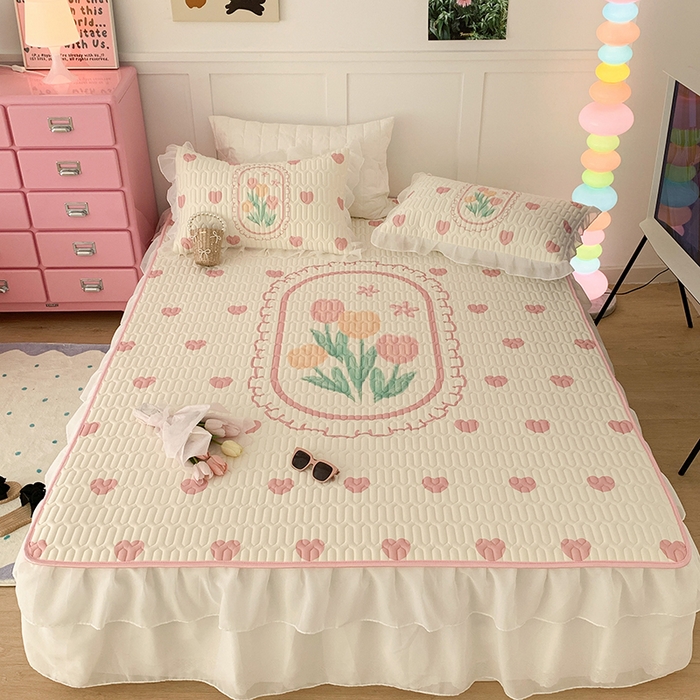 91家纺网 家纺一手货源 找家纺 昔可家纺 2024新款床裙款乳胶席 粉爱心郁金香