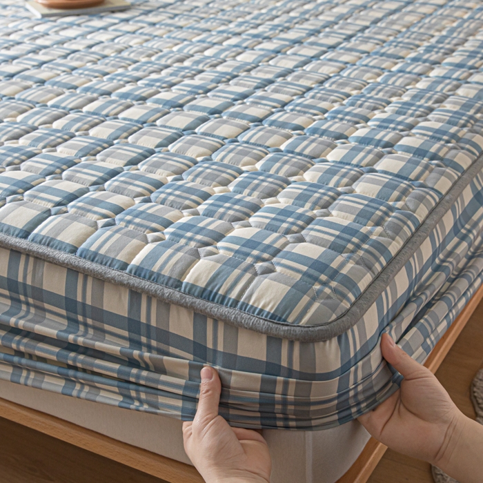 91家纺网 家纺一手货源 找家纺 鑫钰 2024新款无印风水洗棉水洗亲肤大豆夹棉床笠-简格  简格-格调蓝