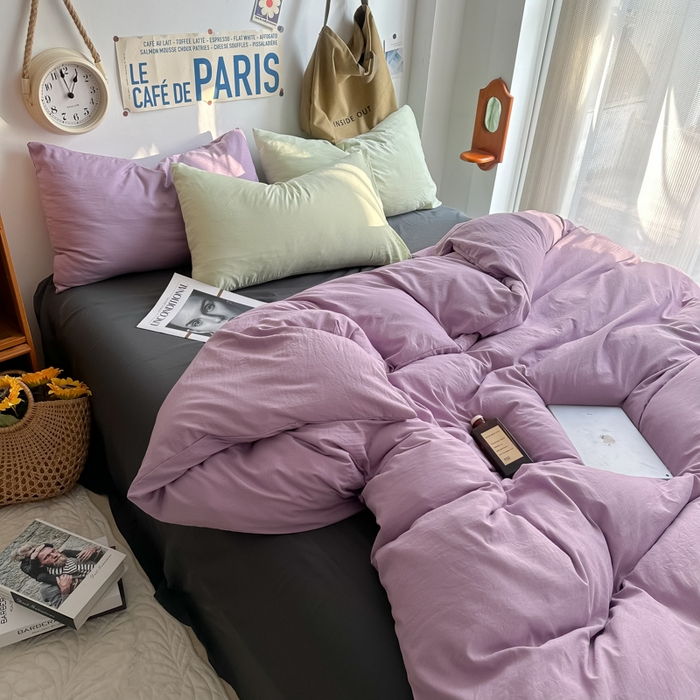 91家纺网 家纺一手货源 找家纺 易辰美 2024新款混搭超柔水洗棉四件套 香芋紫+酷灰