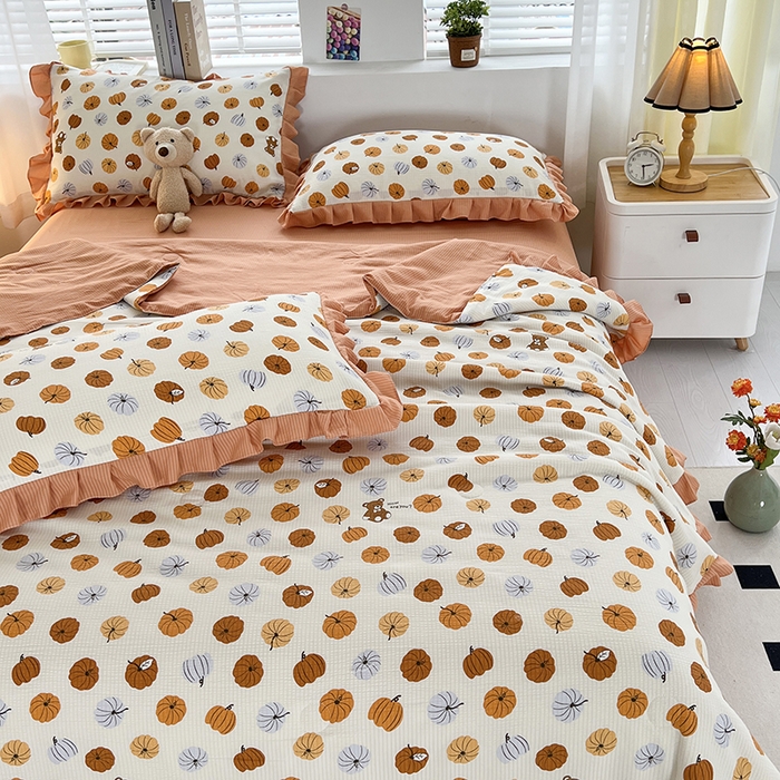 91家纺网 家纺一手货源 找家纺 梦莱斯 2024新款时尚舒适泡泡棉夏被四件套 南瓜