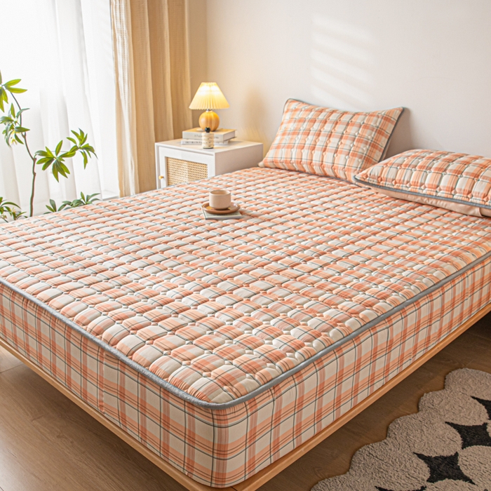 91家纺网 家纺一手货源 找家纺 鑫钰 2024新款无印风水洗棉水洗亲肤大豆夹棉床笠-简格 简格-格调橙