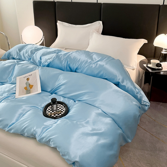 91家纺网 家纺一手货源 找家纺 梦舒羽 2025新款可水洗冰丝被套双人床被套带同款床单床笠四件套 天空蓝