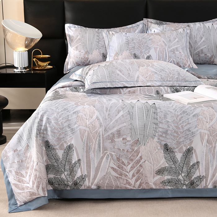 91家纺网 家纺一手货源 找家纺 梦莱斯 2024新款拼角宽边水洗天丝夏被四件套 初禾灰