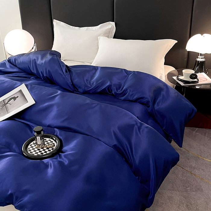 91家纺网 家纺一手货源 找家纺 梦舒羽 2025新款可水洗冰丝被套双人床被套带同款床单床笠四件套 深海蓝