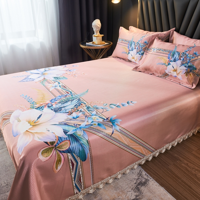 91家纺网 家纺一手货源 找家纺 大境 2024新款900d窝蜂冰丝凉席三件套 俏丽花姿