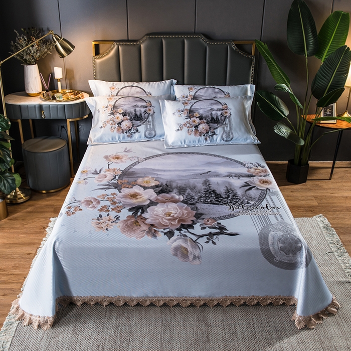 91家纺网 家纺一手货源 找家纺 大境 2024新款900d窝蜂冰丝凉席三件套 花开富贵