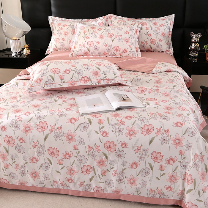 91家纺网 家纺一手货源 找家纺 梦莱斯 2024新款拼角宽边水洗天丝夏被四件套 清晨粉红