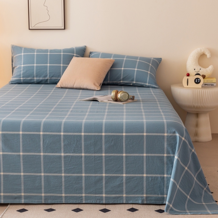 91家纺网 家纺一手货源 找家纺 寐眠 2024新款全棉水洗棉床单床笠单品-单床单 海蓝大格