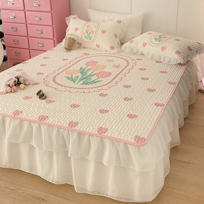 91家纺网 家纺一手货源 找家纺 昔可家纺 2024新款床裙款乳胶席 粉爱心郁金香