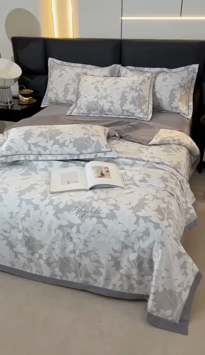 91家纺网 家纺一手货源 找家纺 梦莱斯 2024新款拼角宽边水洗天丝夏被四件套 清竹灰