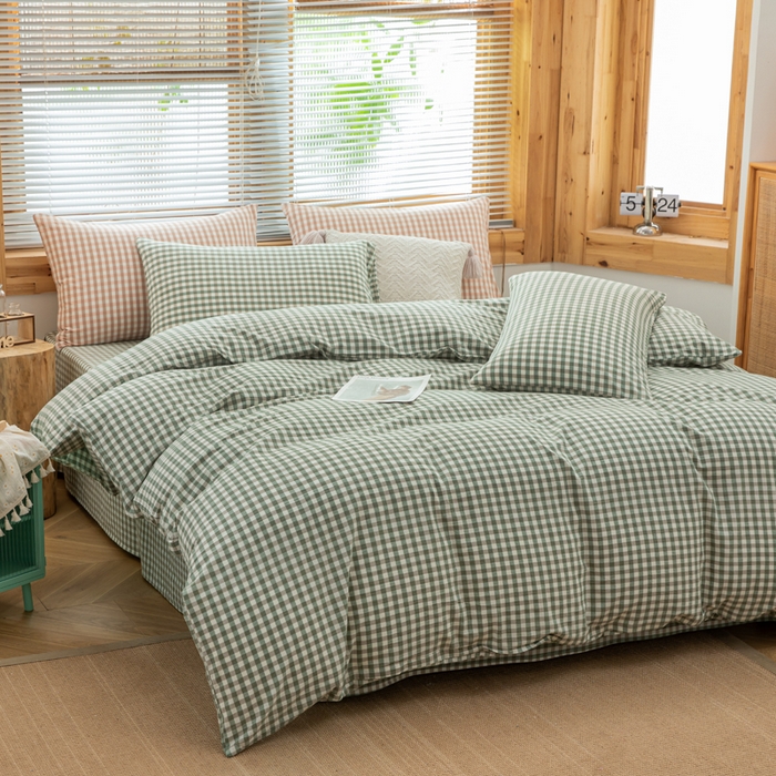 91家纺网 家纺一手货源 找家纺 柠萌家居 2024新款A类全棉色织水洗棉无印风四件套 小绿格