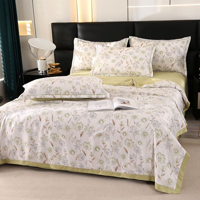 91家纺网 家纺一手货源 找家纺 梦莱斯 2024新款拼角宽边水洗天丝夏被四件套 清晨浅绿