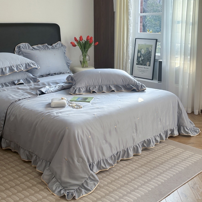 91家纺网 家纺一手货源 找家纺 优悦生活馆 2024新款冰丝甜美风荷叶边款夏被四件套初夏系列  初夏-蓝