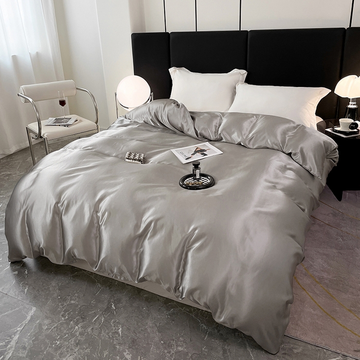 91家纺网 家纺一手货源 找家纺 梦舒羽 2025新款可水洗冰丝被套双人床被套带同款床单床笠四件套 典雅灰