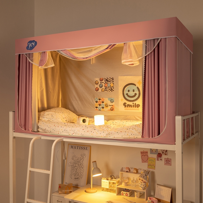 91家纺网 家纺一手货源 找家纺 新太阳 2025新款涂层纯色学生床帘款遮光蚊帐 涂层粉色