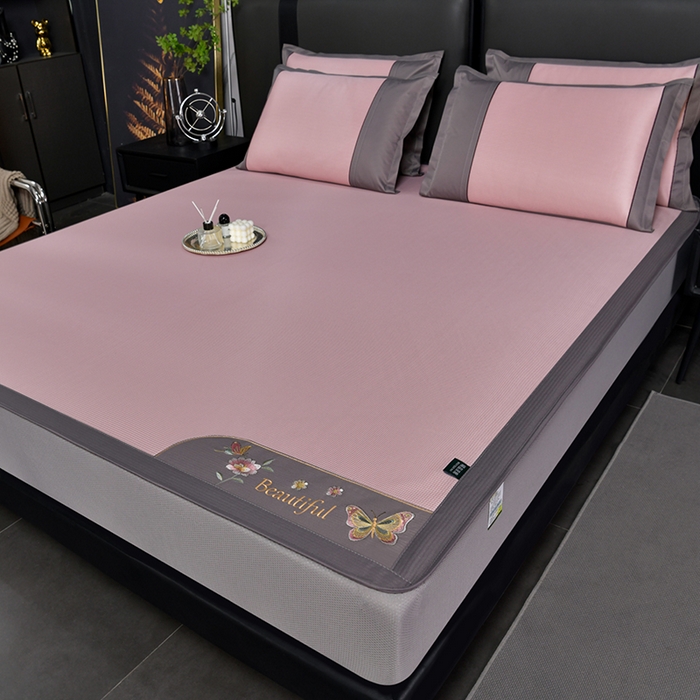 91家纺网 家纺一手货源 找家纺 简一 2024新款A类抗菌冰丝席--床笠款 蝶恋花抗菌席粉床笠