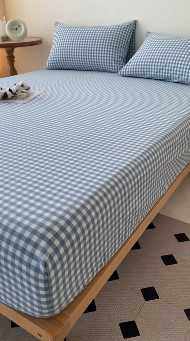 91家纺网 家纺一手货源 找家纺 寐眠 2024新款全棉水洗棉床单床笠单品-单床笠 蓝小格