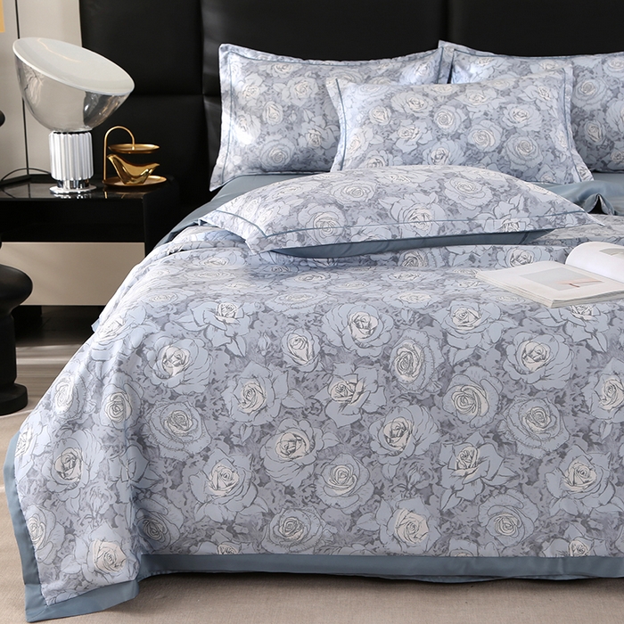 91家纺网 家纺一手货源 找家纺 梦莱斯 2024新款拼角宽边水洗天丝夏被四件套 玫瑰灰