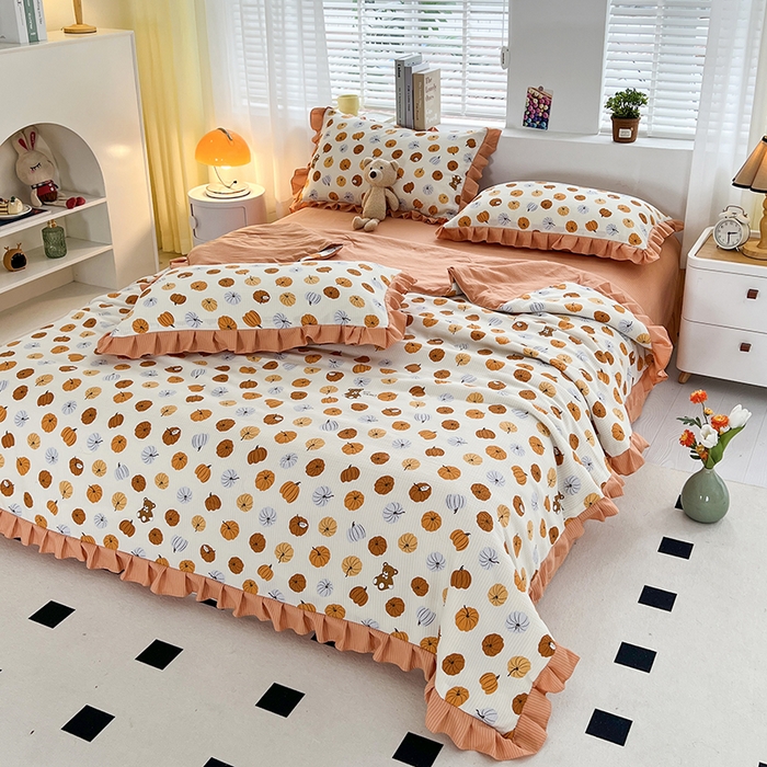 91家纺网 家纺一手货源 找家纺 梦莱斯 2024新款时尚舒适泡泡棉夏被四件套 南瓜