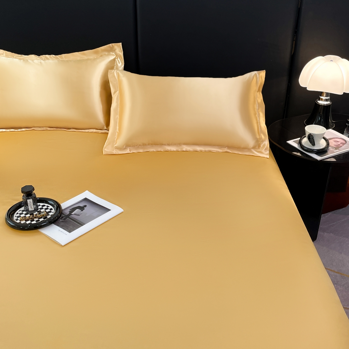 91家纺网 家纺一手货源 找家纺 梦舒羽 2025新款可水洗冰丝床垫保护罩防尘床单三件套 金驼色