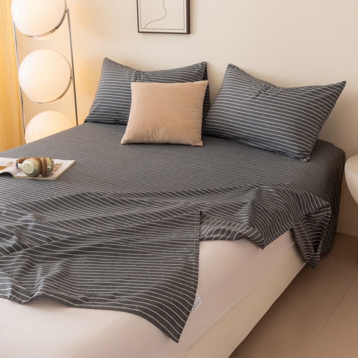 91家纺网 家纺一手货源 找家纺 寐眠 2024新款全棉水洗棉床单床笠单品-单床单 灰细条