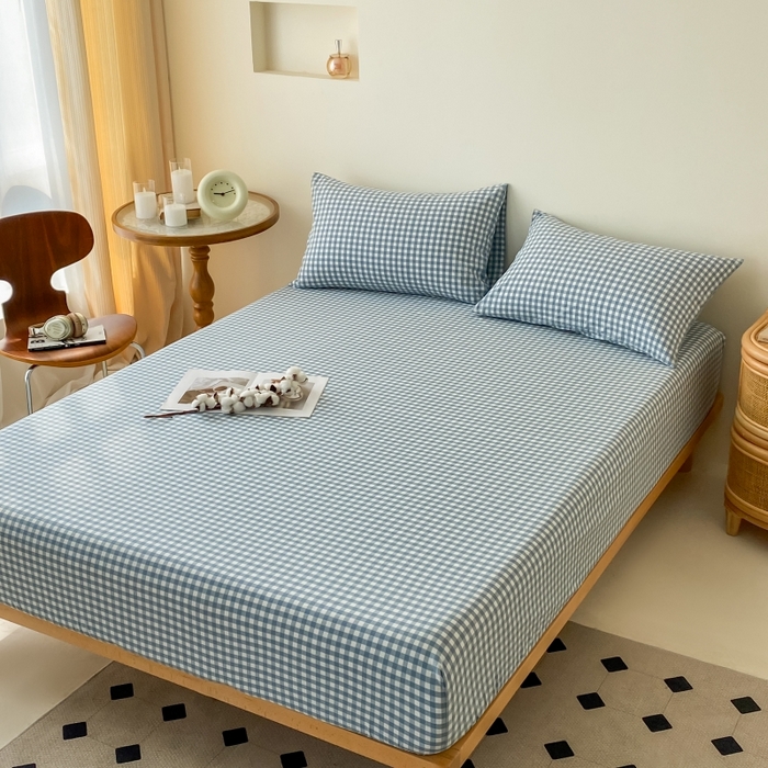 91家纺网 家纺一手货源 找家纺 寐眠 2024新款全棉水洗棉床单床笠单品-单床笠 蓝小格