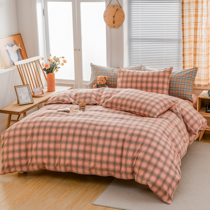 91家纺网 家纺一手货源 找家纺 柠萌家居 2024新款A类全棉色织水洗棉无印风四件套 芳华粉