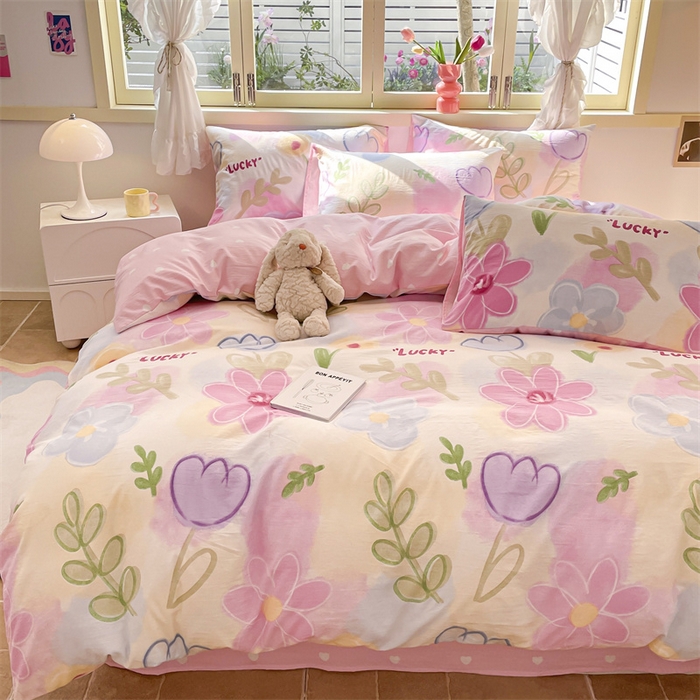 91家纺网 家纺一手货源 找家纺 盛秋家纺 2026新款水洗棉印花四件套-卡通系列 雅朵+粉爱心