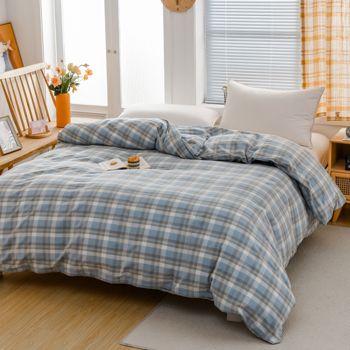 91家纺网 家纺一手货源 找家纺 柠萌家居 2024新款A类全棉色织水洗棉无印风四件套 遇见兰格