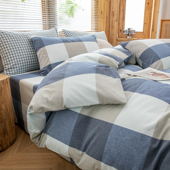 91家纺网 家纺一手货源 找家纺 柠萌家居 2024新款A类全棉色织水洗棉无印风四件套 蓝白大格