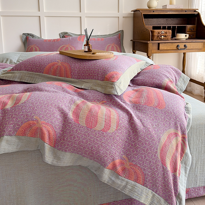 91家纺网 家纺一手货源 找家纺 小欢喜 2024新款全棉A类色织双层纱大提花四件套-宽边款 波点南瓜-紫