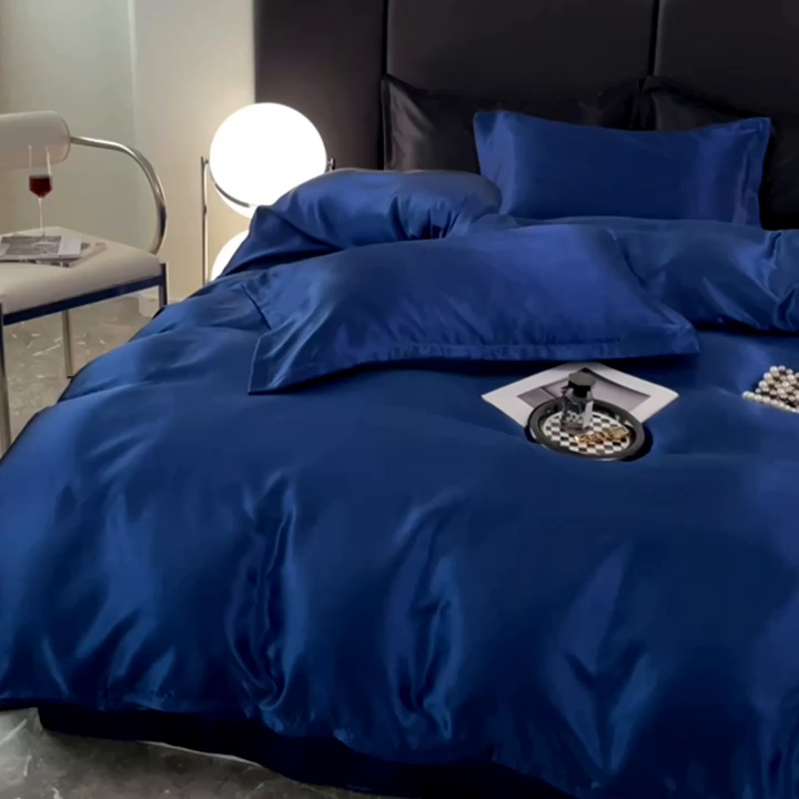 91家纺网 家纺一手货源 找家纺 梦舒羽 2025新款可水洗冰丝被套双人床被套带同款床单床笠四件套 深海蓝
