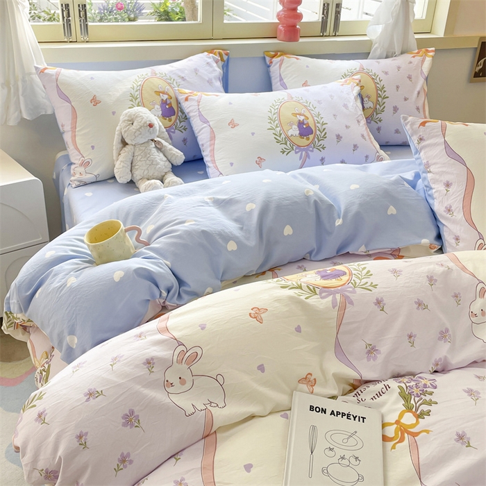 91家纺网 家纺一手货源 找家纺 盛秋家纺 2026新款水洗棉印花四件套-卡通系列 爱丽丝+蓝爱心