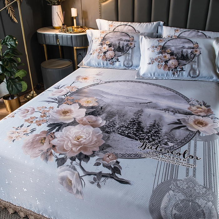 91家纺网 家纺一手货源 找家纺 大境 2024新款900d窝蜂冰丝凉席三件套 花开富贵