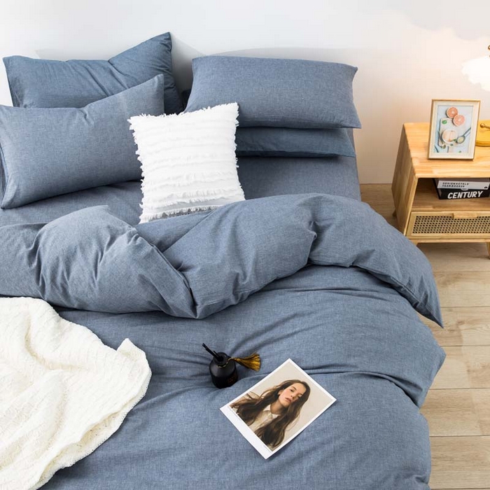 91家纺网 家纺一手货源 找家纺 柠萌家居 2024新款A类全棉色织水洗棉无印风四件套 牛仔蓝