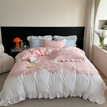 91家纺网 家纺一手货源 找家纺 （总）云雀 2025新款小清新公主风全棉刺绣四件套-米兰系列