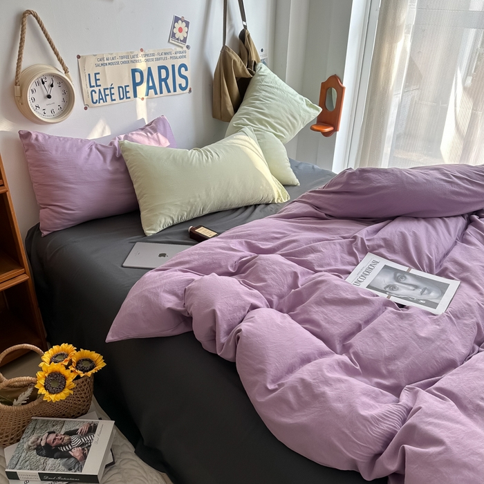 91家纺网 家纺一手货源 找家纺 易辰美 2024新款混搭超柔水洗棉四件套 香芋紫+酷灰