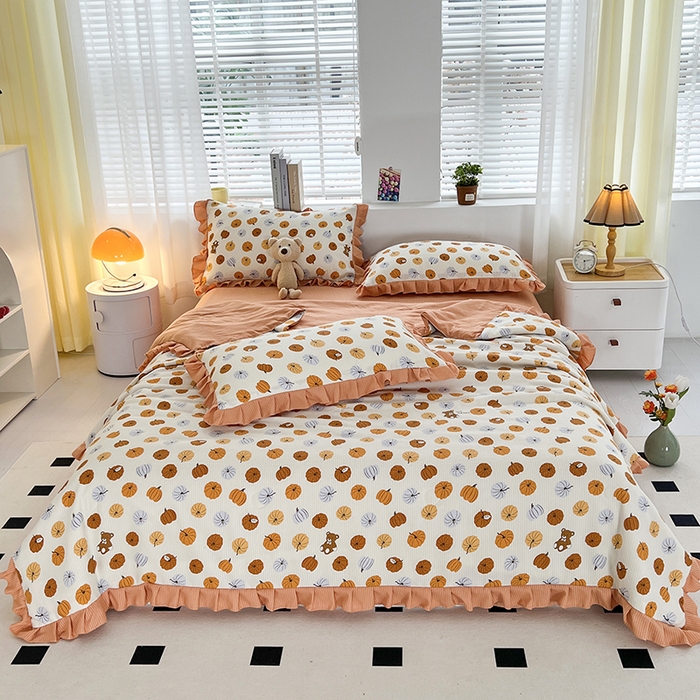 91家纺网 家纺一手货源 找家纺 梦莱斯 2024新款时尚舒适泡泡棉夏被四件套 南瓜